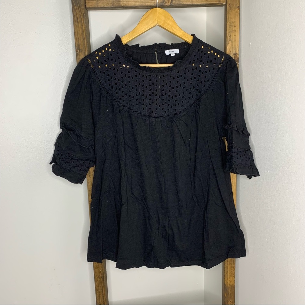 VOY Elegant Black Eyelet Women's Top Size L